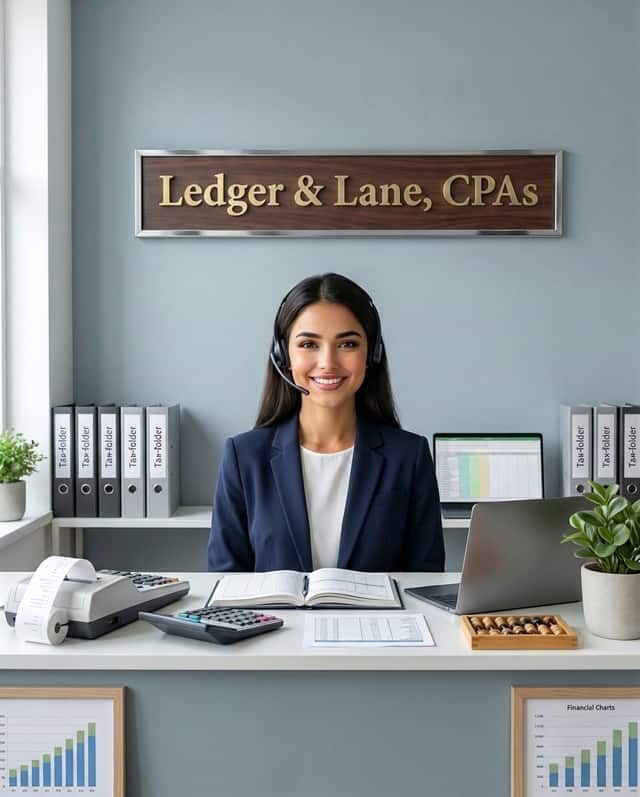 Maria as the receptionist at Ledger & Lane, CPAs