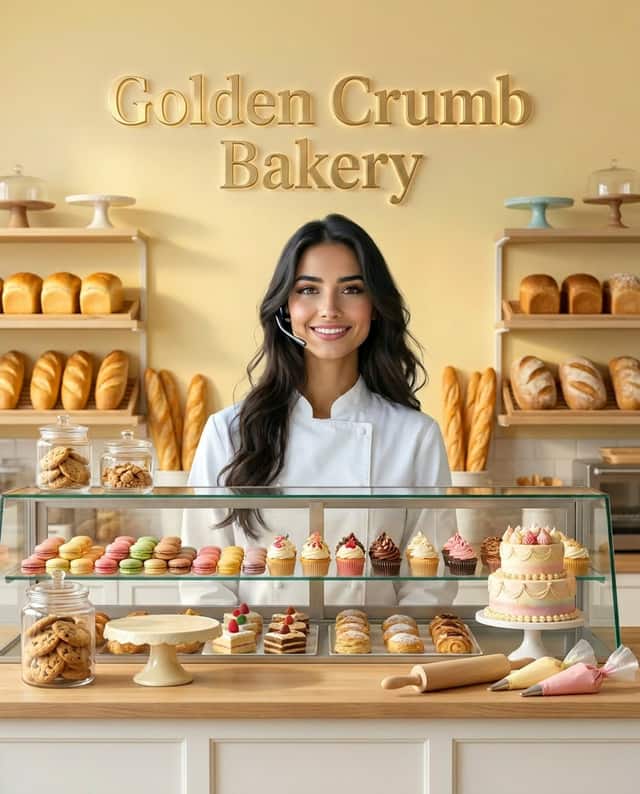 Maria as the receptionist at Golden Crumb Bakery