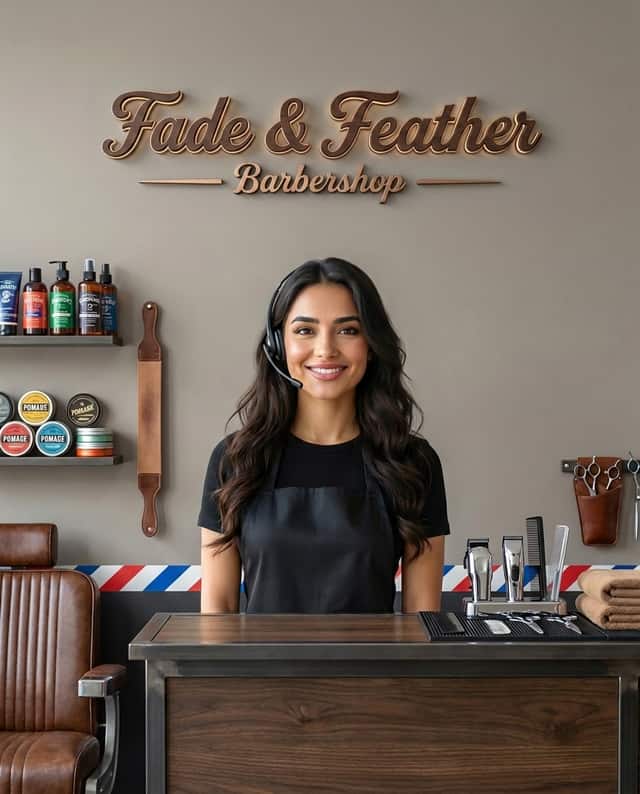 Maria as the receptionist at Fade & Feather Barbershop