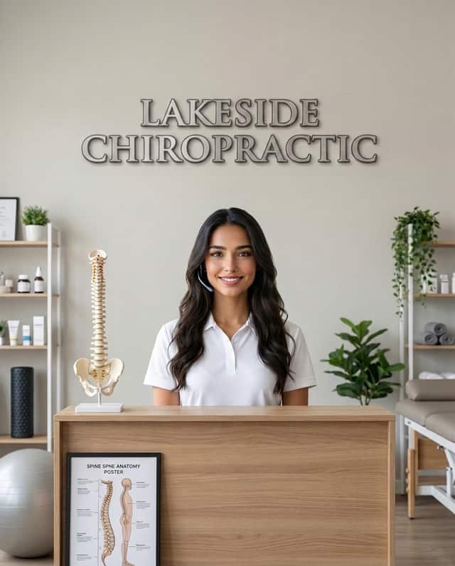 Maria as the receptionist at Lakeside Chiropractic