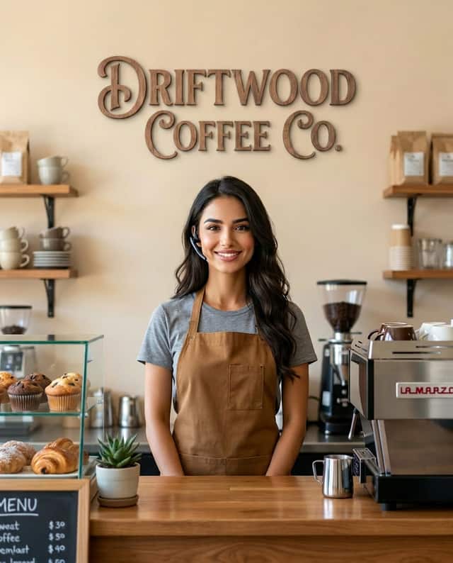 Maria as the receptionist at Driftwood Coffee Co.