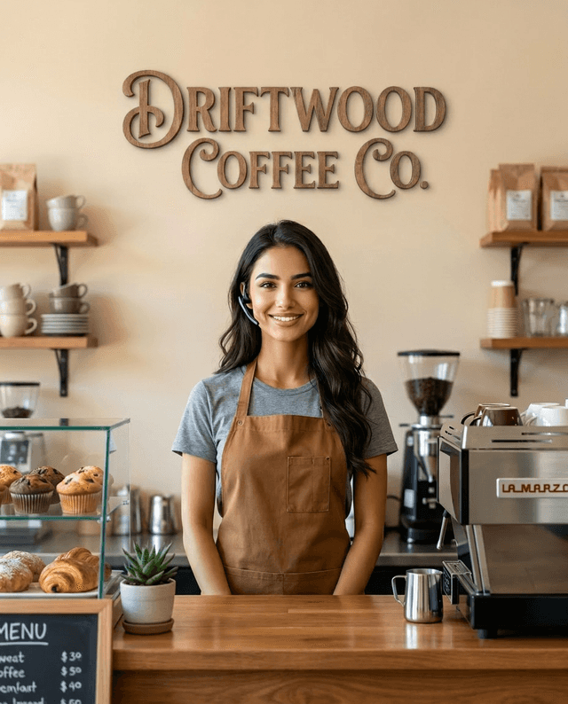 Maria as the receptionist at Driftwood Coffee Co.