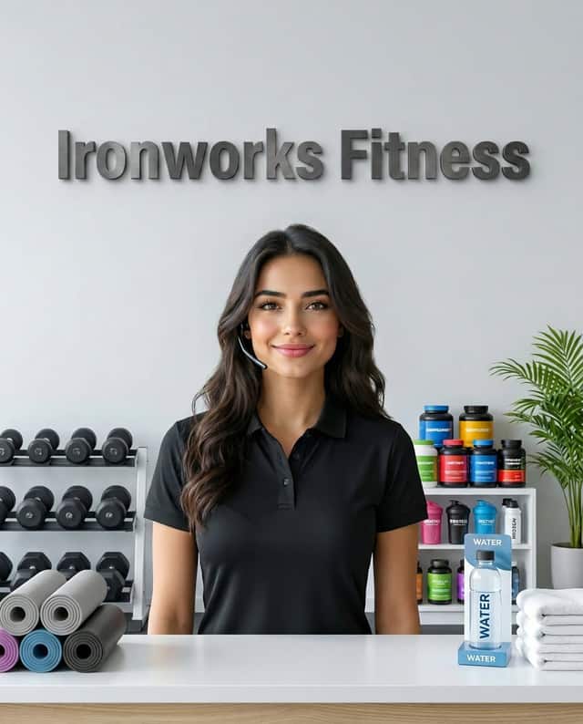 Maria as the receptionist at Ironworks Fitness