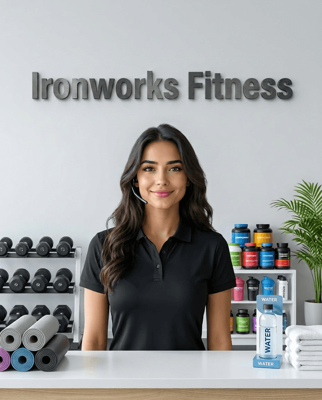 Maria as the receptionist at Ironworks Fitness