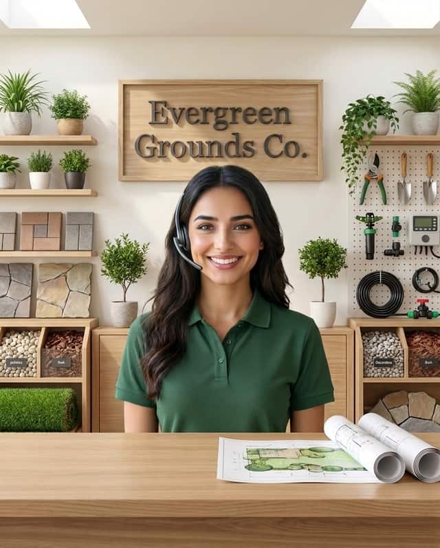 Maria as the receptionist at Evergreen Grounds Co.