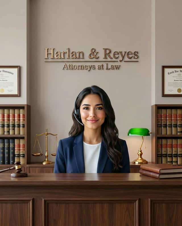 Maria as the receptionist at Harlan & Reyes, Attorneys at Law