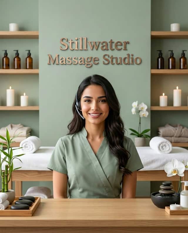 Maria as the receptionist at Stillwater Massage Studio