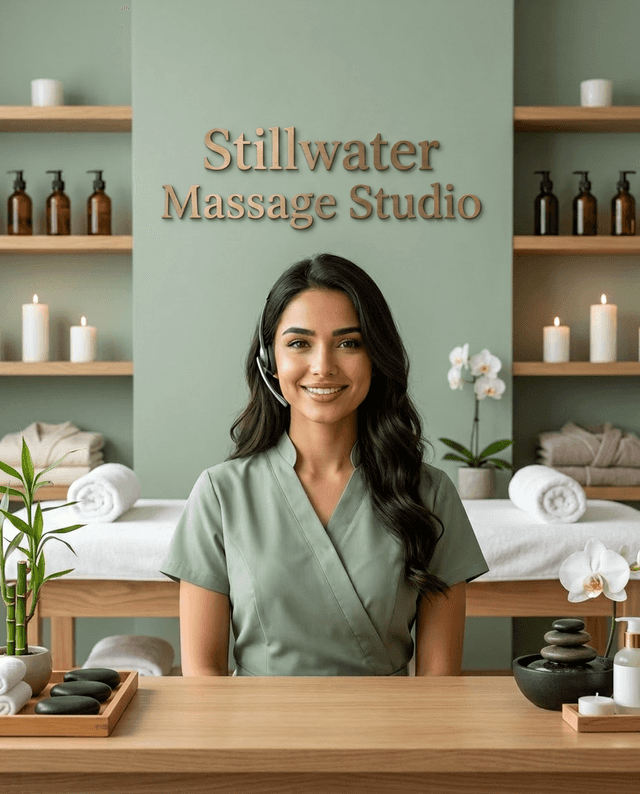 Maria as the receptionist at Stillwater Massage Studio