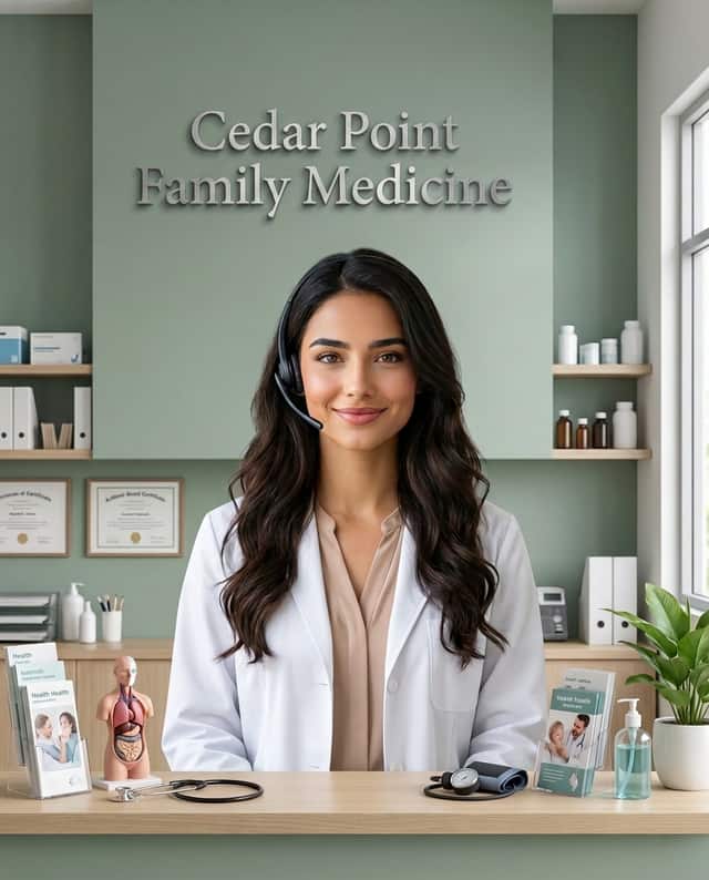 Maria as the receptionist at Cedar Point Family Medicine