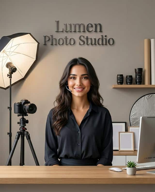 Maria as the receptionist at Lumen Photo Studio