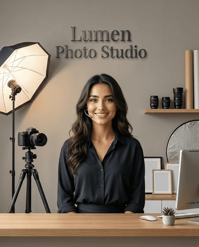 Maria as the receptionist at Lumen Photo Studio