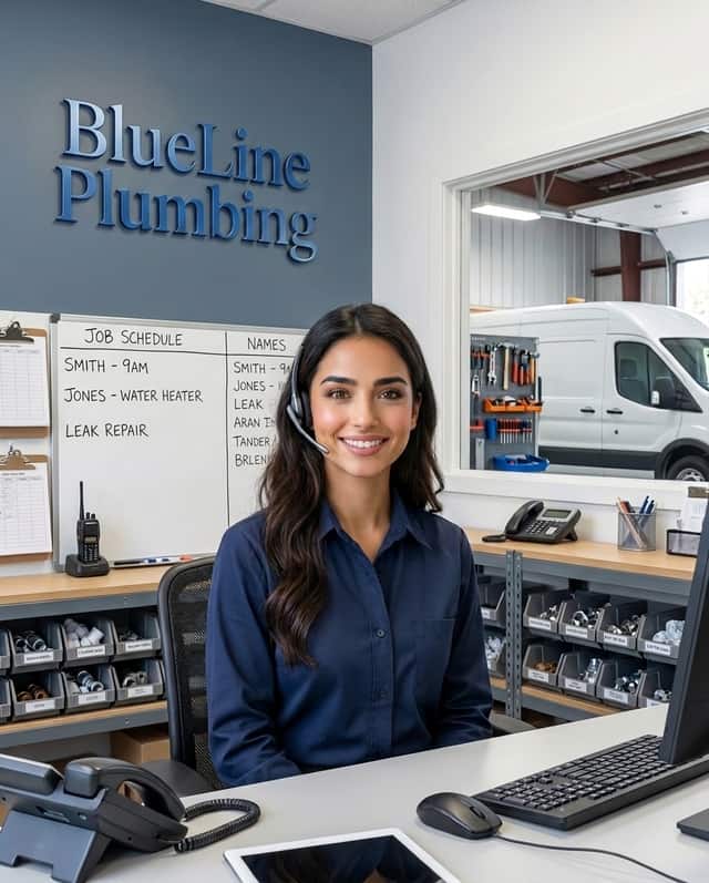 Maria as the receptionist at BlueLine Plumbing
