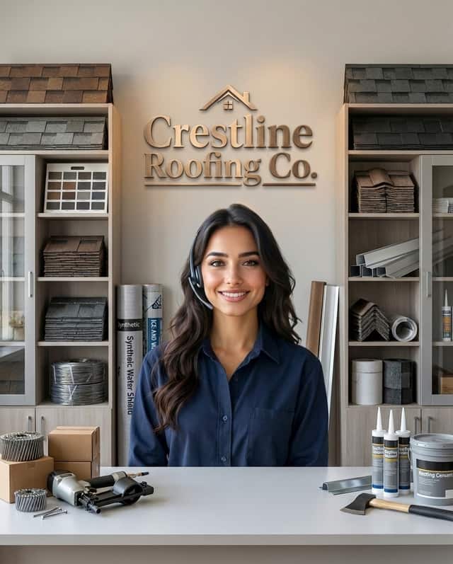Maria as the receptionist at Crestline Roofing Co.