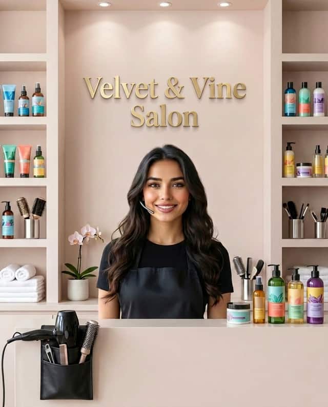 Maria as the receptionist at Velvet & Vine Salon