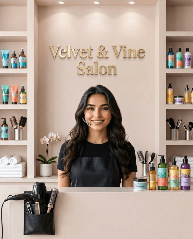 Maria as the receptionist at Velvet & Vine Salon