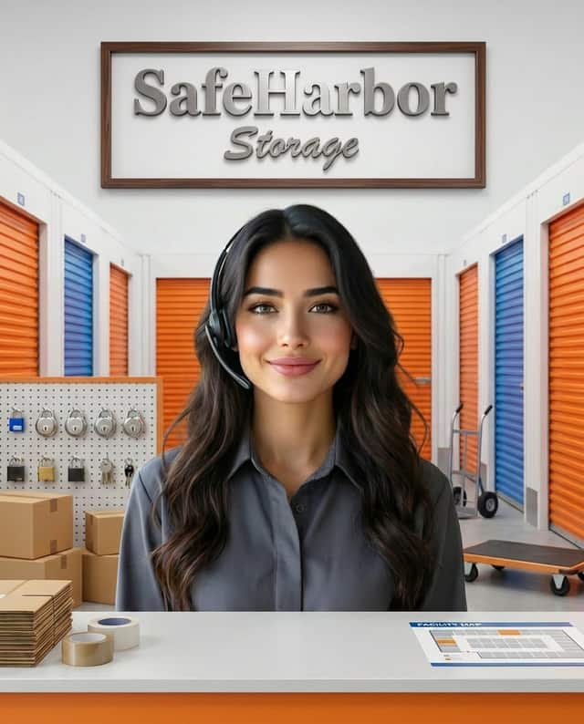 Maria as the receptionist at SafeHarbor Storage