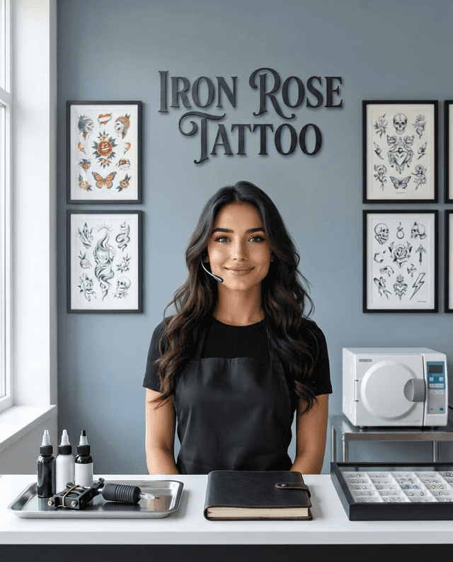 Maria as the receptionist at Iron Rose Tattoo