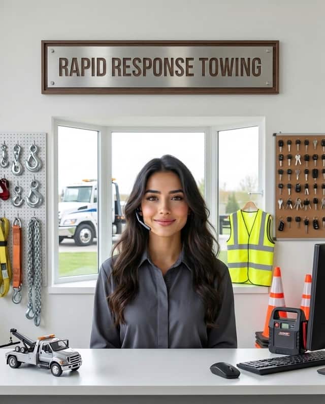 Maria as the receptionist at Rapid Response Towing