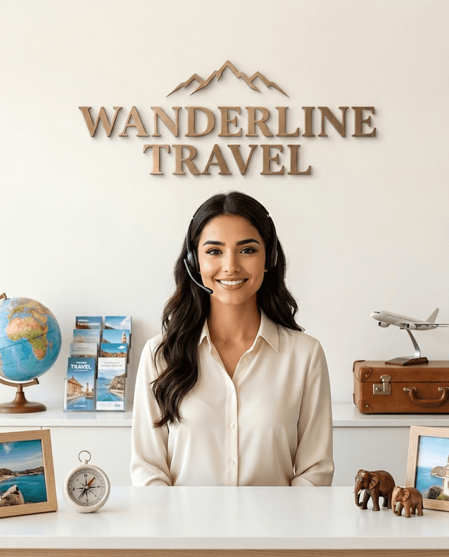 Maria as the receptionist at Wanderline Travel