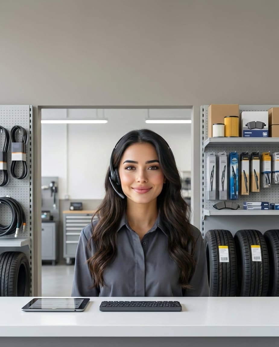 Maria at the front desk of an auto detailing company, taking a call