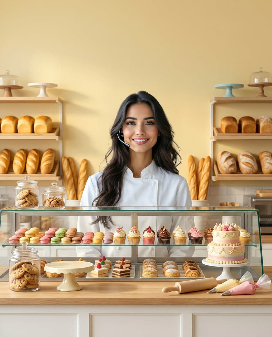 Maria at the front desk of a bakery company, taking a call