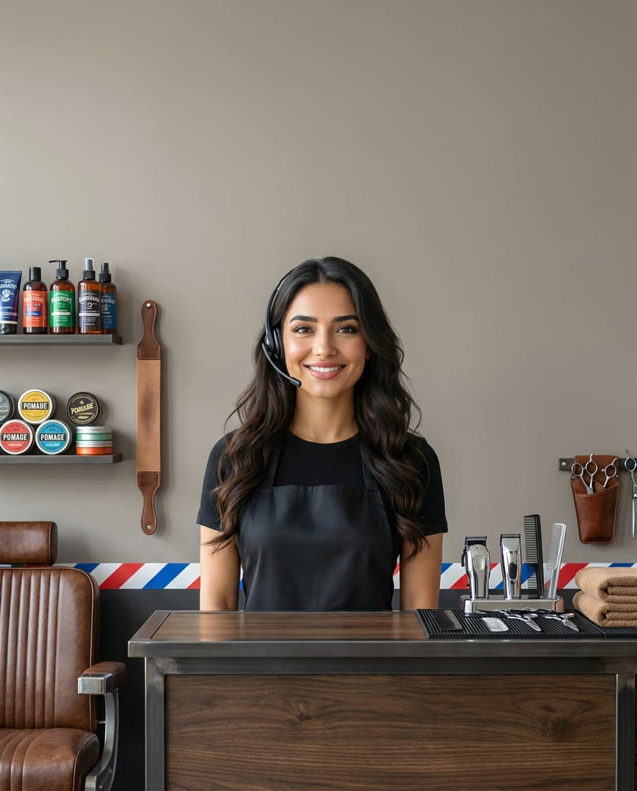 Maria at the front desk of a barbershop company, taking a call