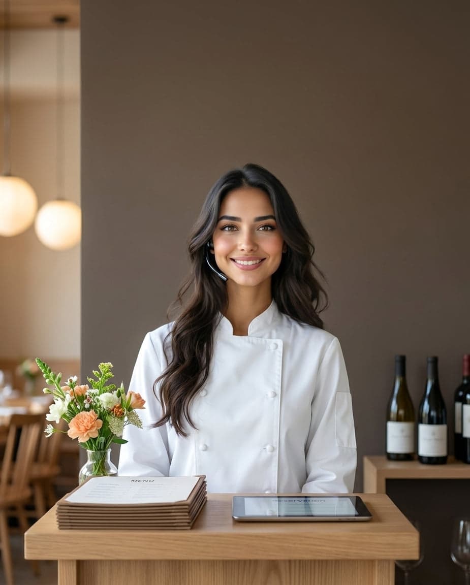 Maria at the front desk of a restaurant company, taking a call