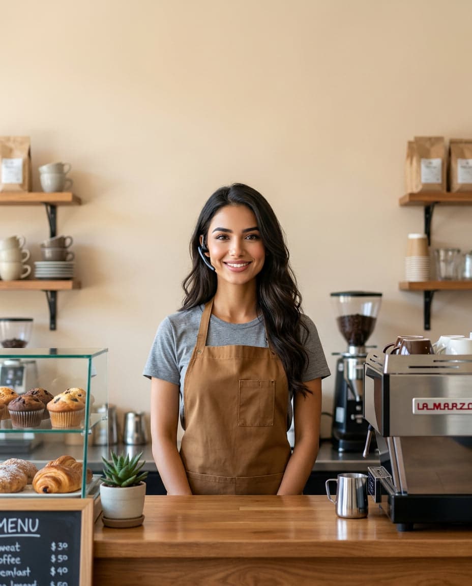Maria at the front desk of a café & coffee shop company, taking a call