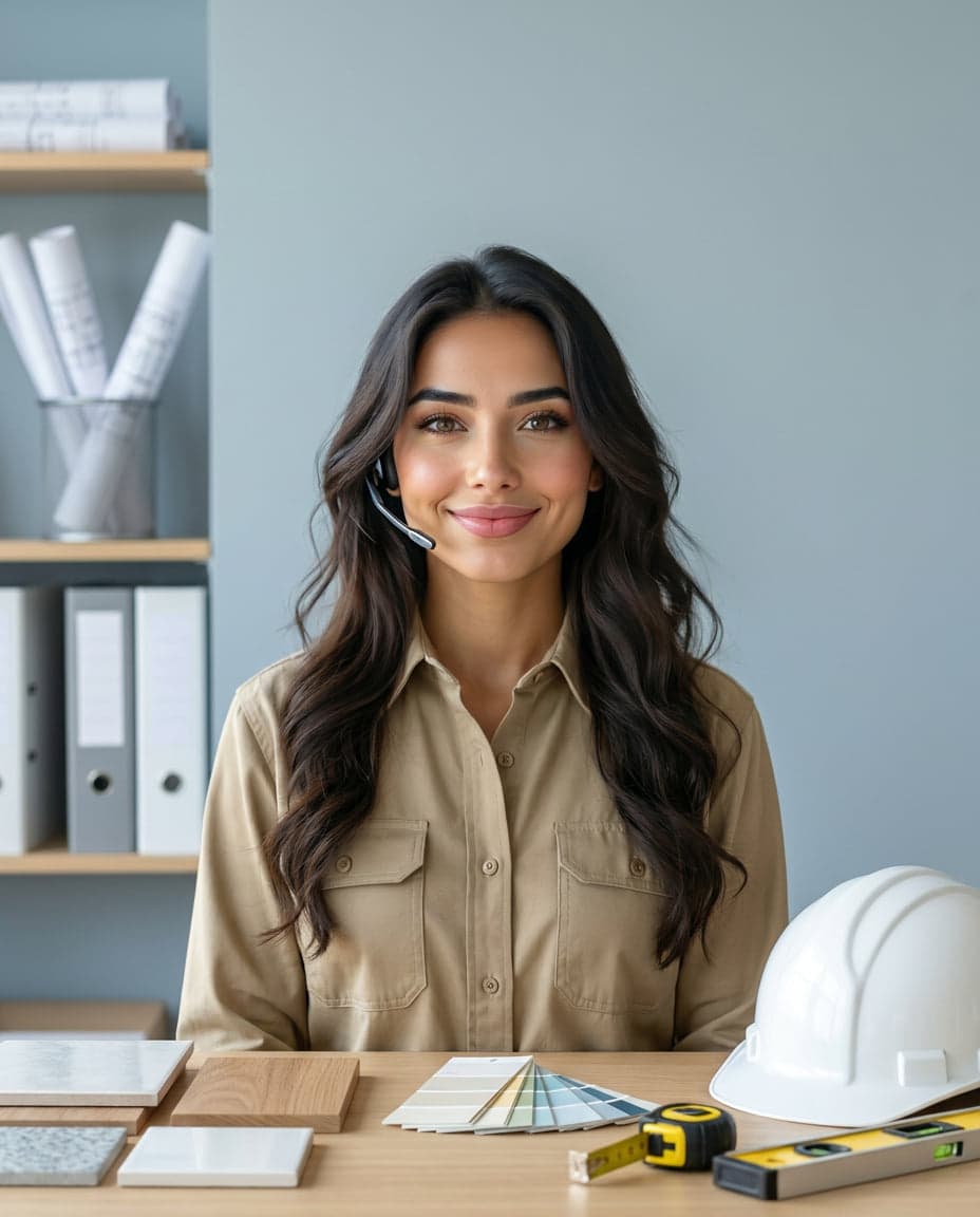 Maria at the front desk of a drywall company, taking a call