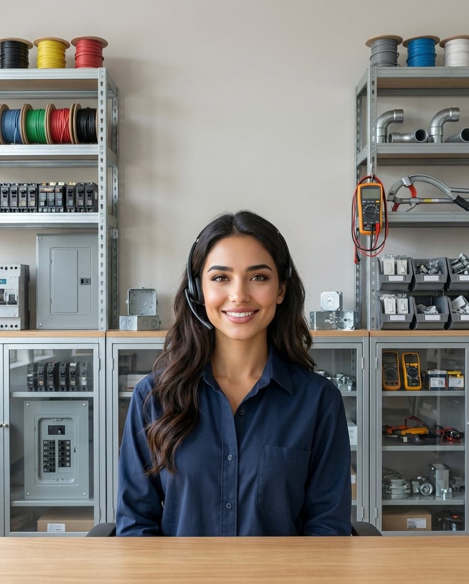Maria at the front desk of a holiday lighting company, taking a call