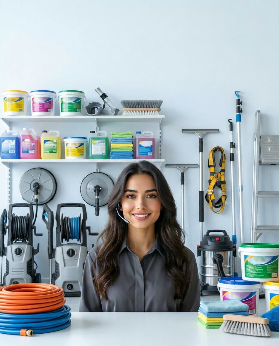 Maria at the front desk of a gutter installation company, taking a call