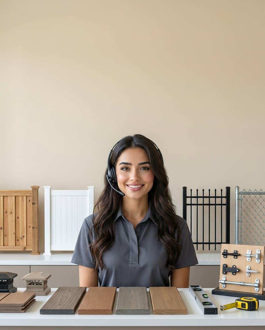Maria at the front desk of a fence staining company, taking a call