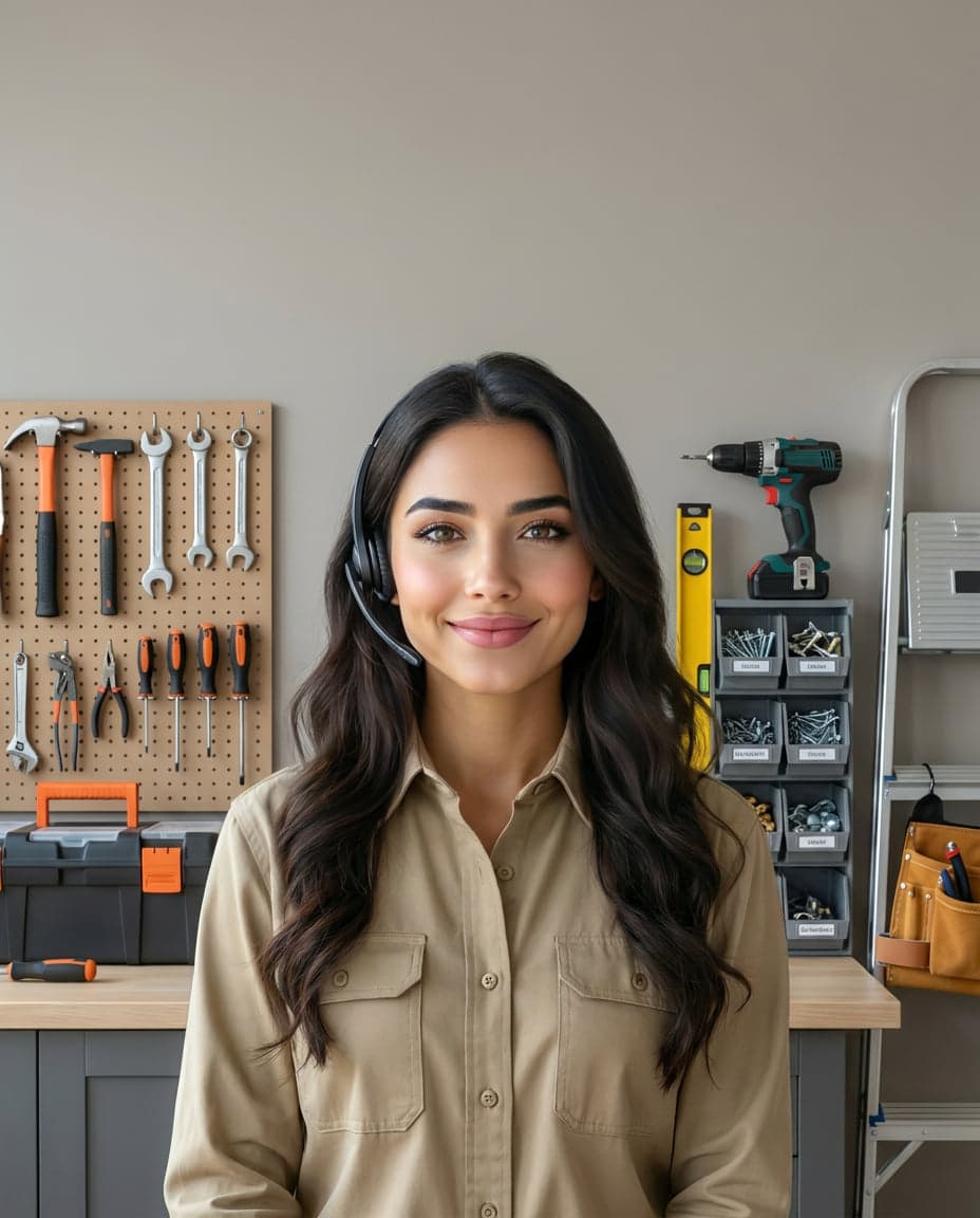 Maria at the front desk of a carpentry company, taking a call