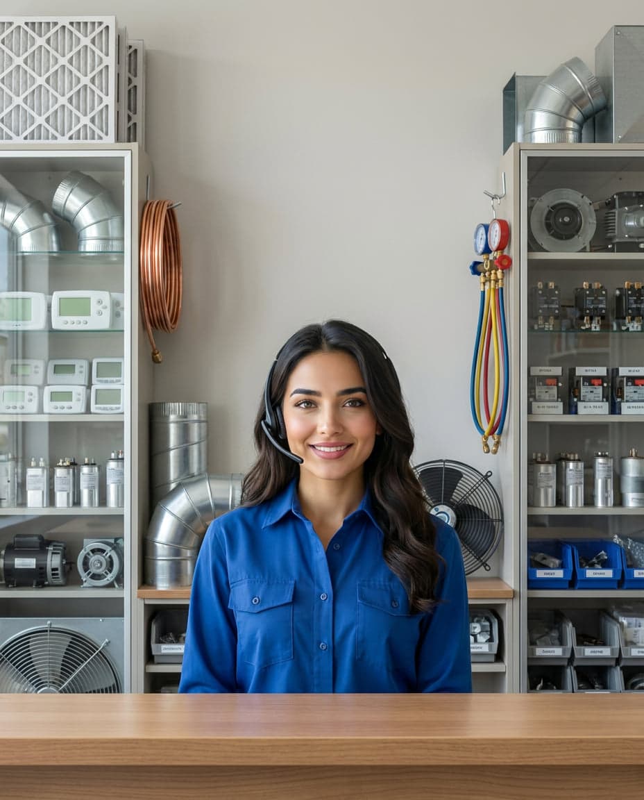 Maria at the front desk of an air duct cleaning company, taking a call