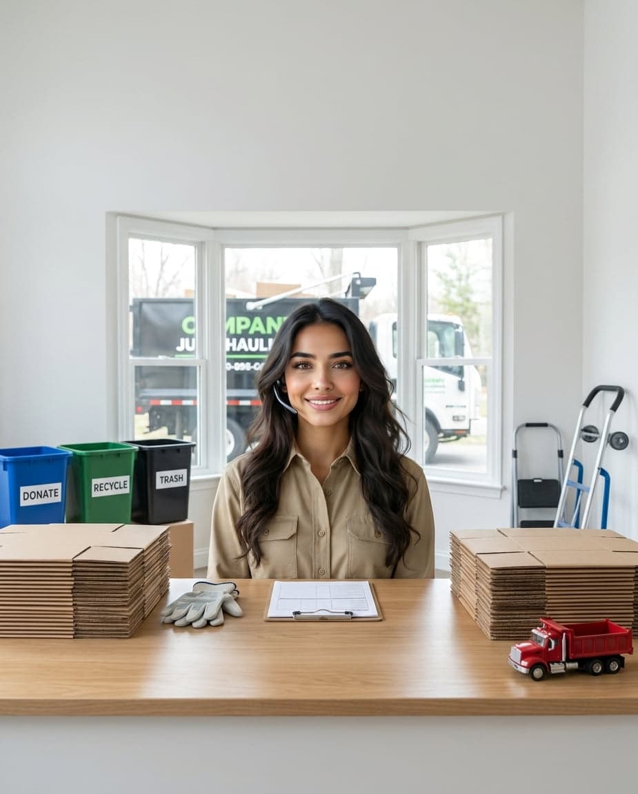 Maria at the front desk of a demolition company, taking a call
