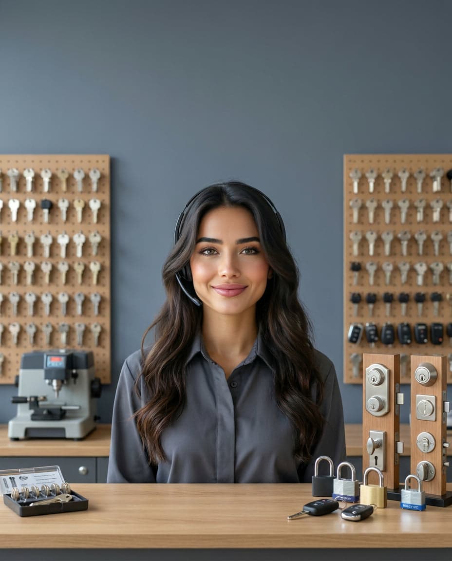 Maria at the front desk of a locksmith company, taking a call