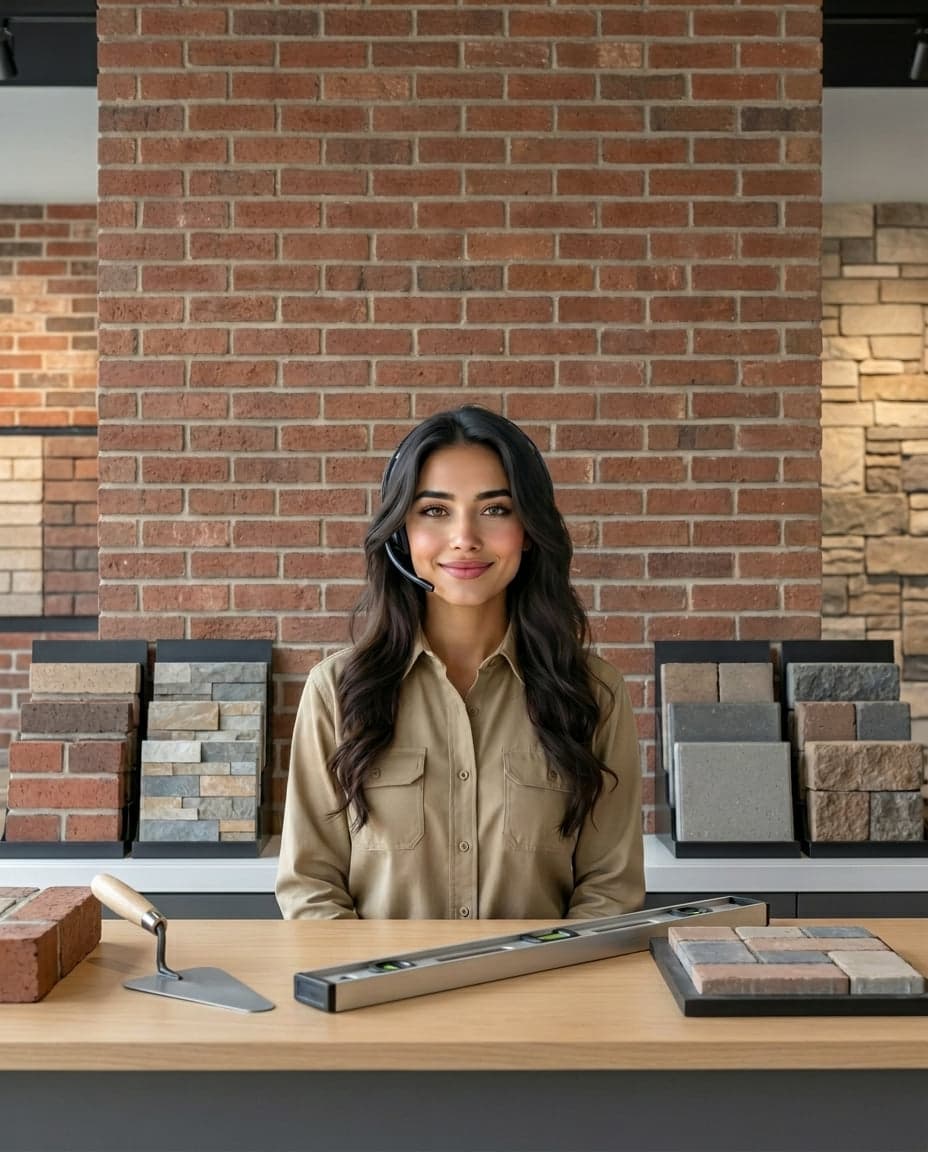 Maria at the front desk of a masonry company, taking a call