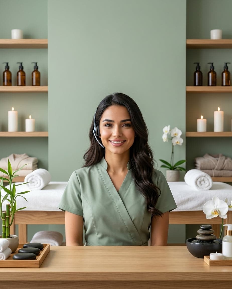 Maria at the front desk of a massage therapy company, taking a call