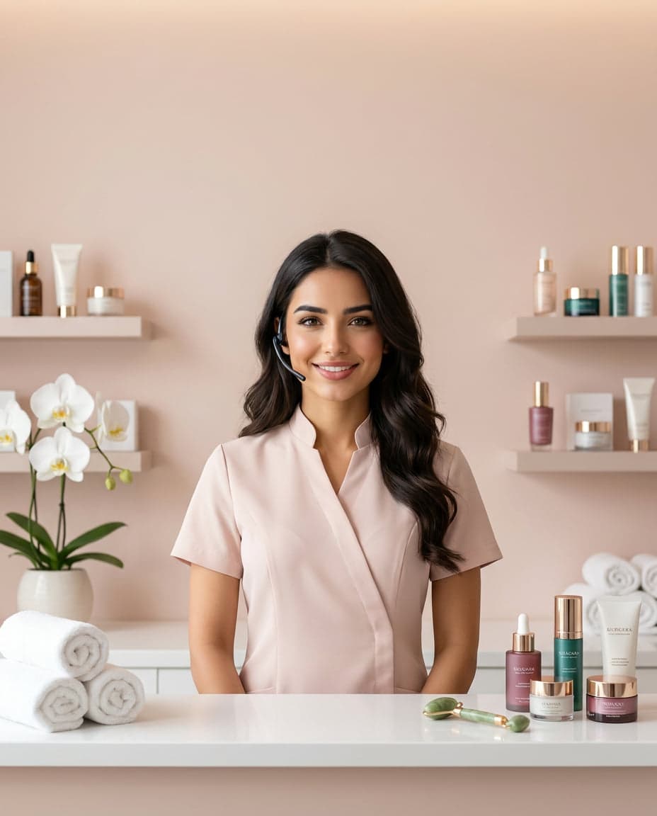 Maria at the front desk of a med spa company, taking a call