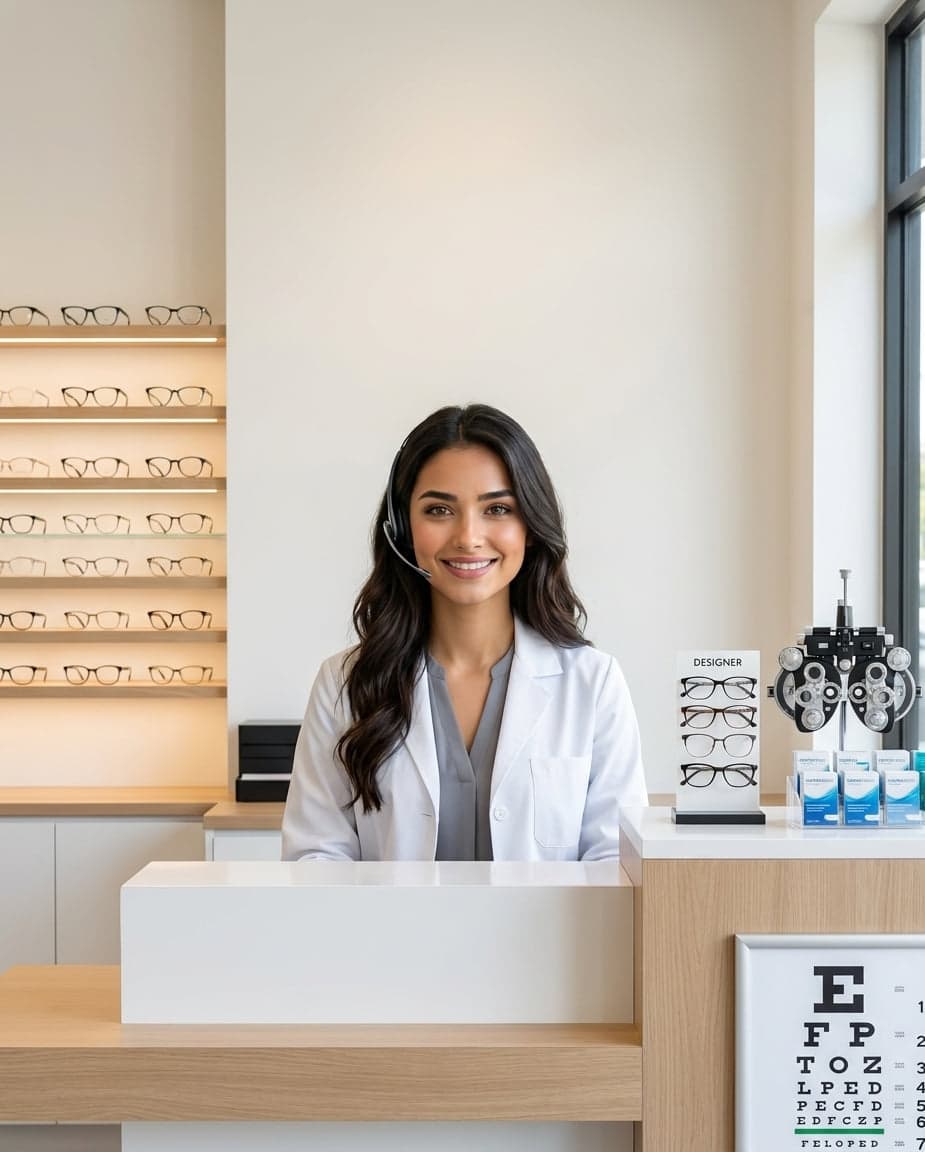 Maria at the front desk of an optometry company, taking a call