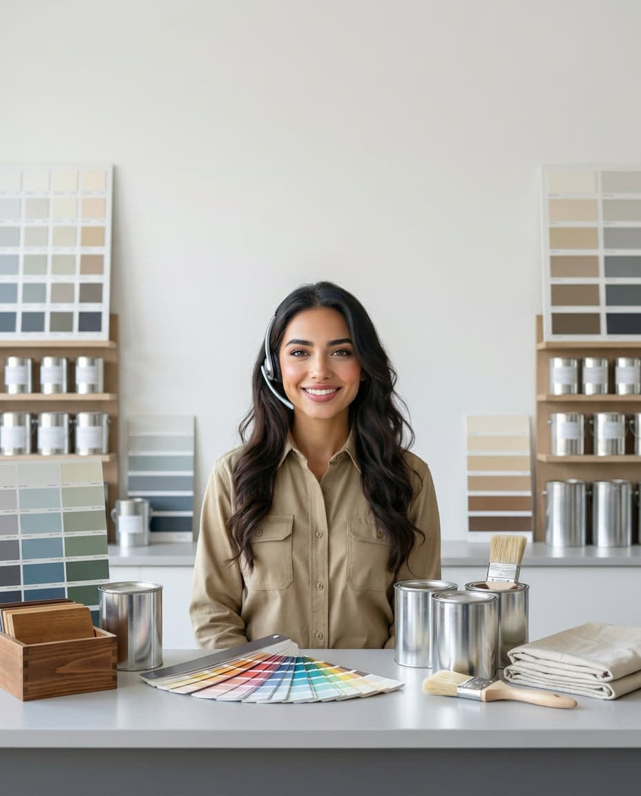 Maria at the front desk of a deck staining company, taking a call