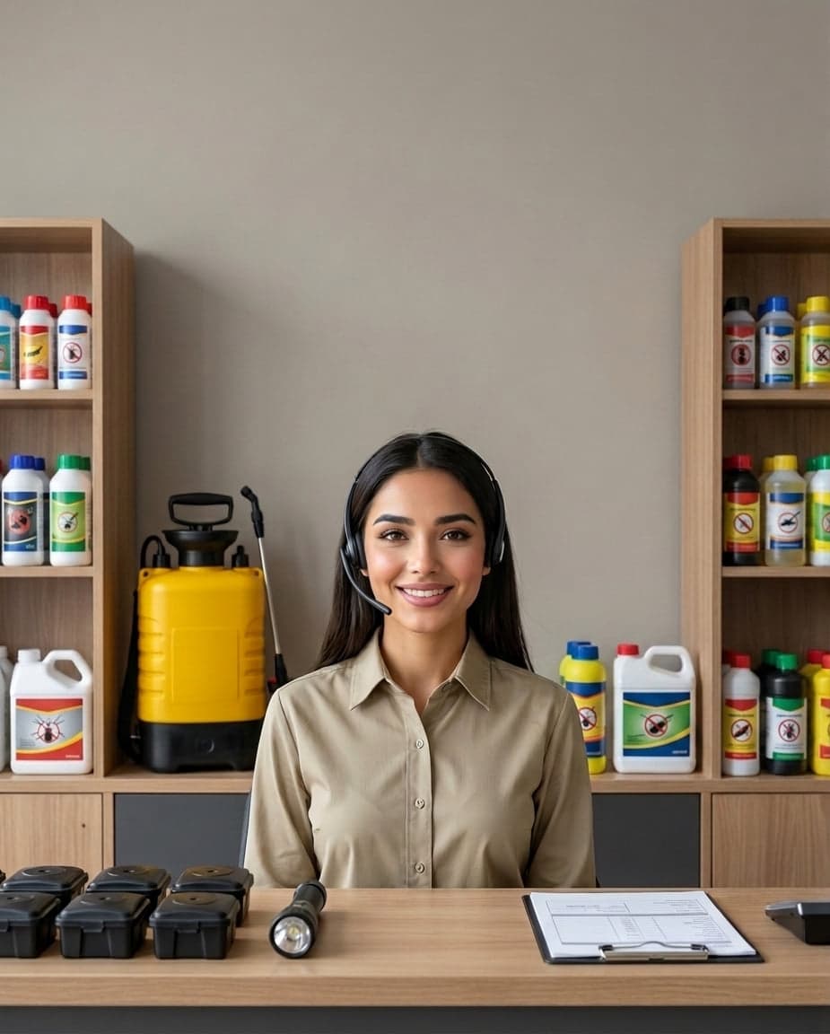 Maria at the front desk of a pest control company, taking a call
