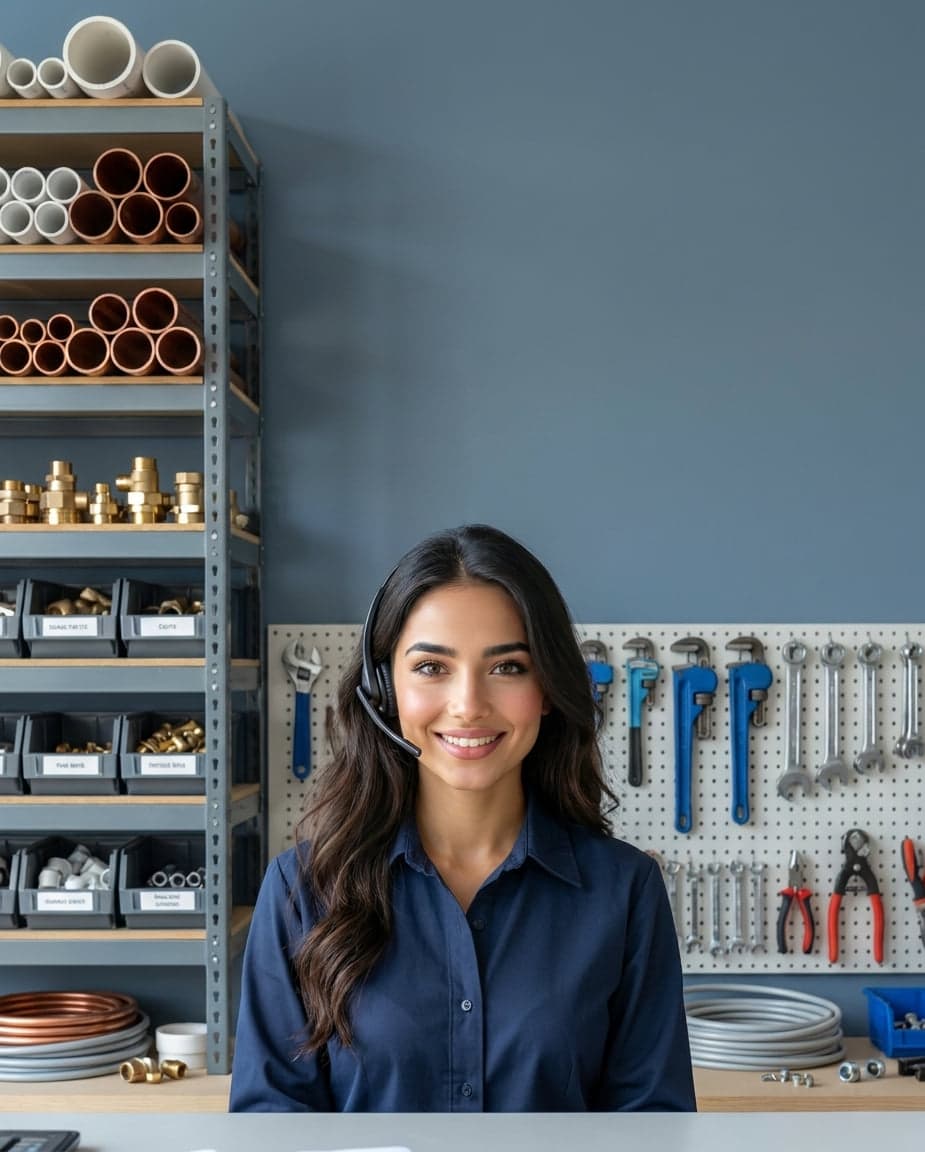 Maria at the front desk of a bathroom remodeling company, taking a call