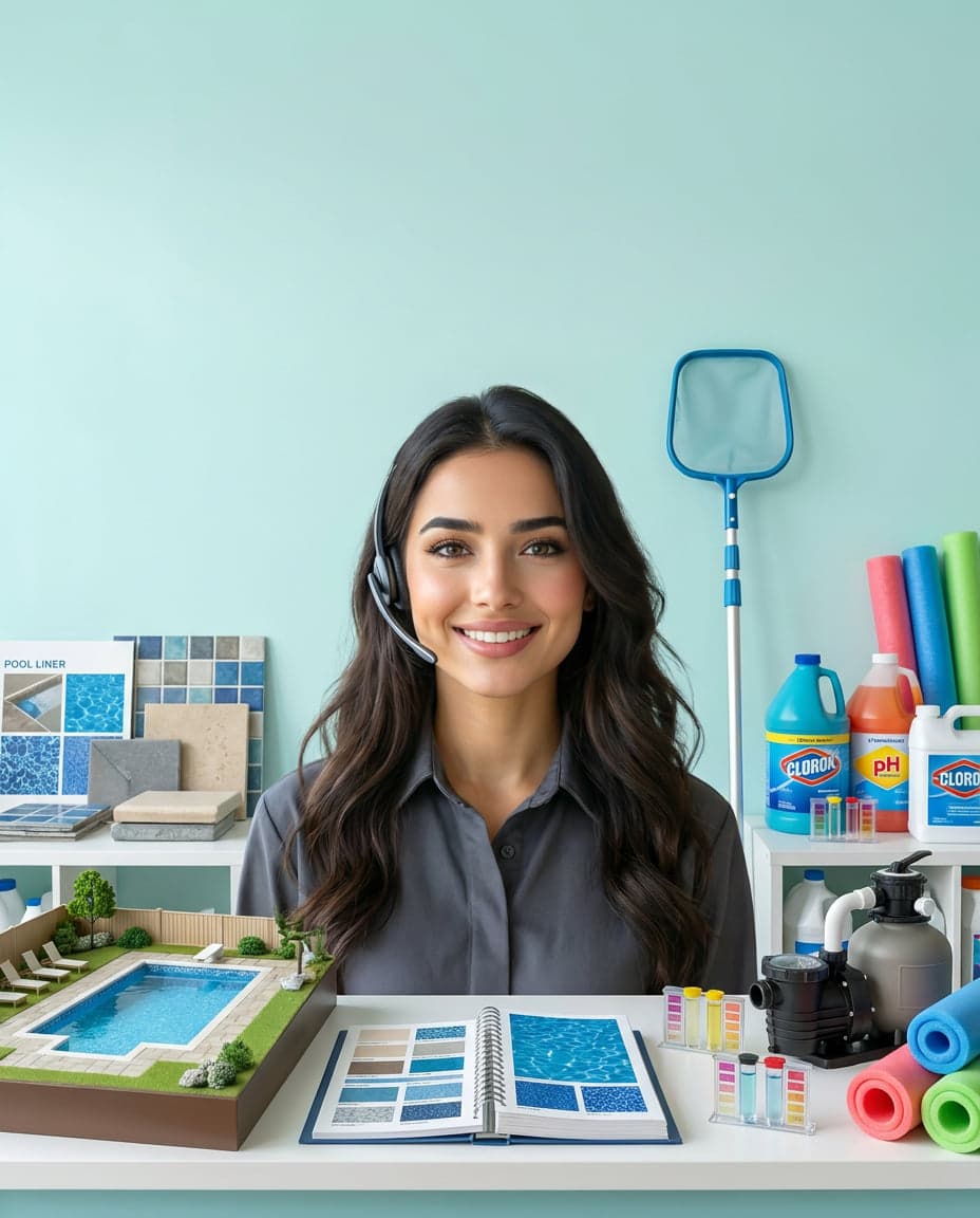 Maria at the front desk of a pool service company, taking a call