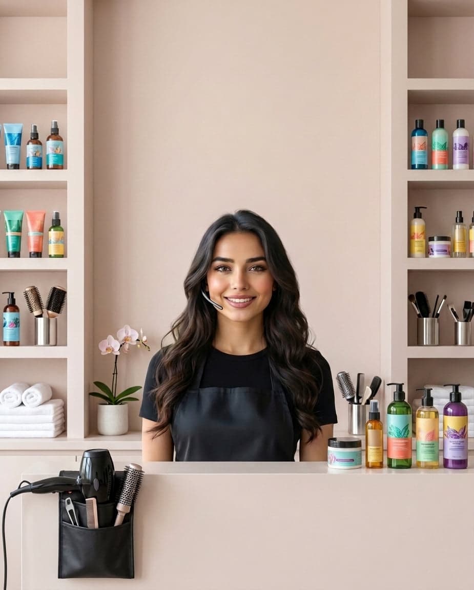 Maria at the front desk of a hair salon company, taking a call