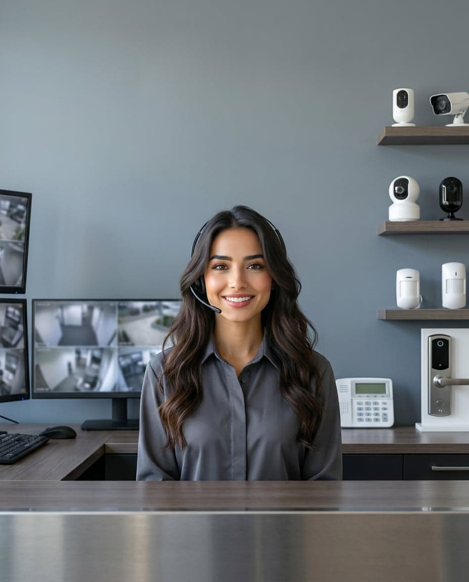 Maria at the front desk of a security camera installation company, taking a call