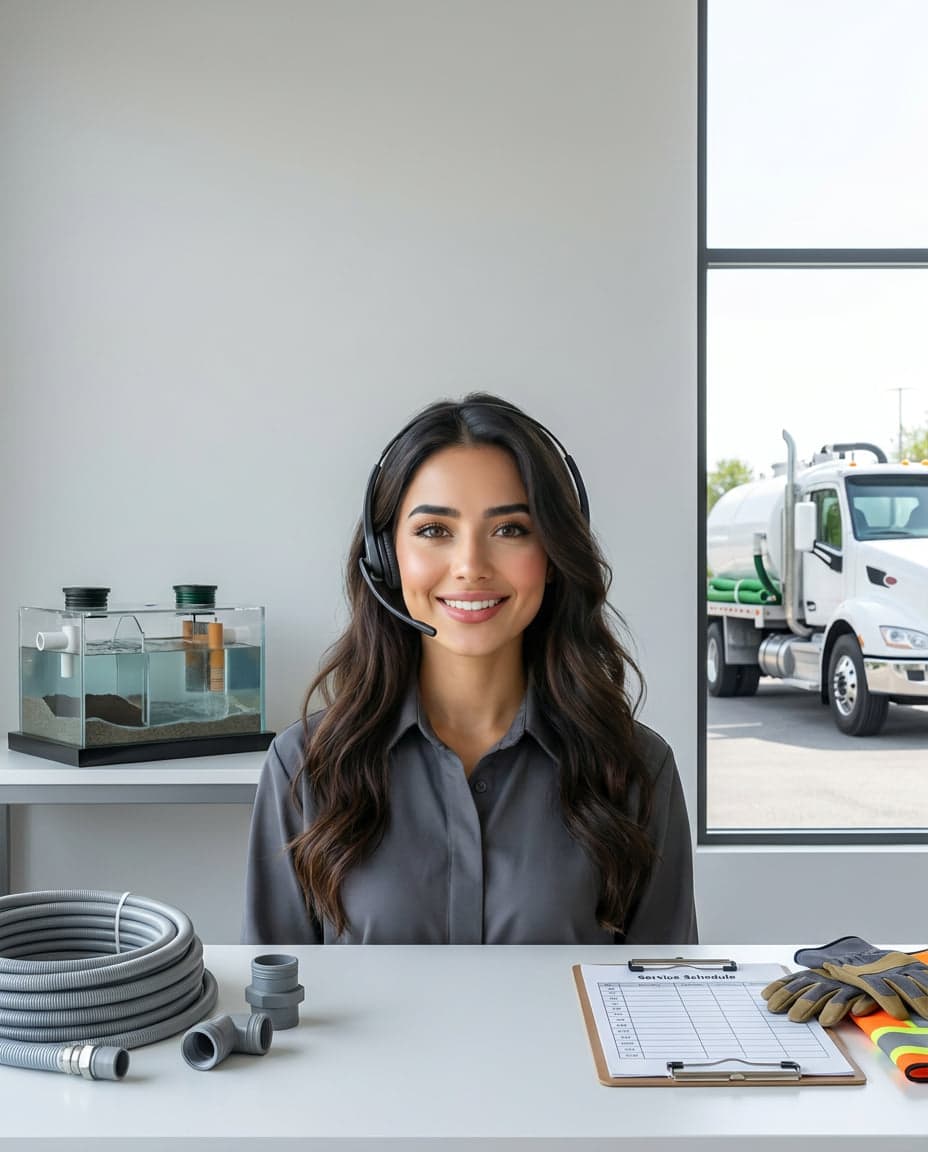 Maria at the front desk of a septic service company, taking a call