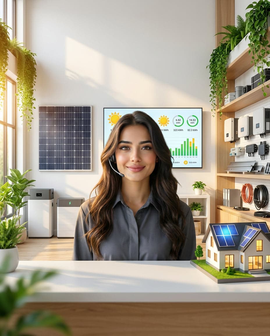 Maria at the front desk of a solar panel cleaning company, taking a call