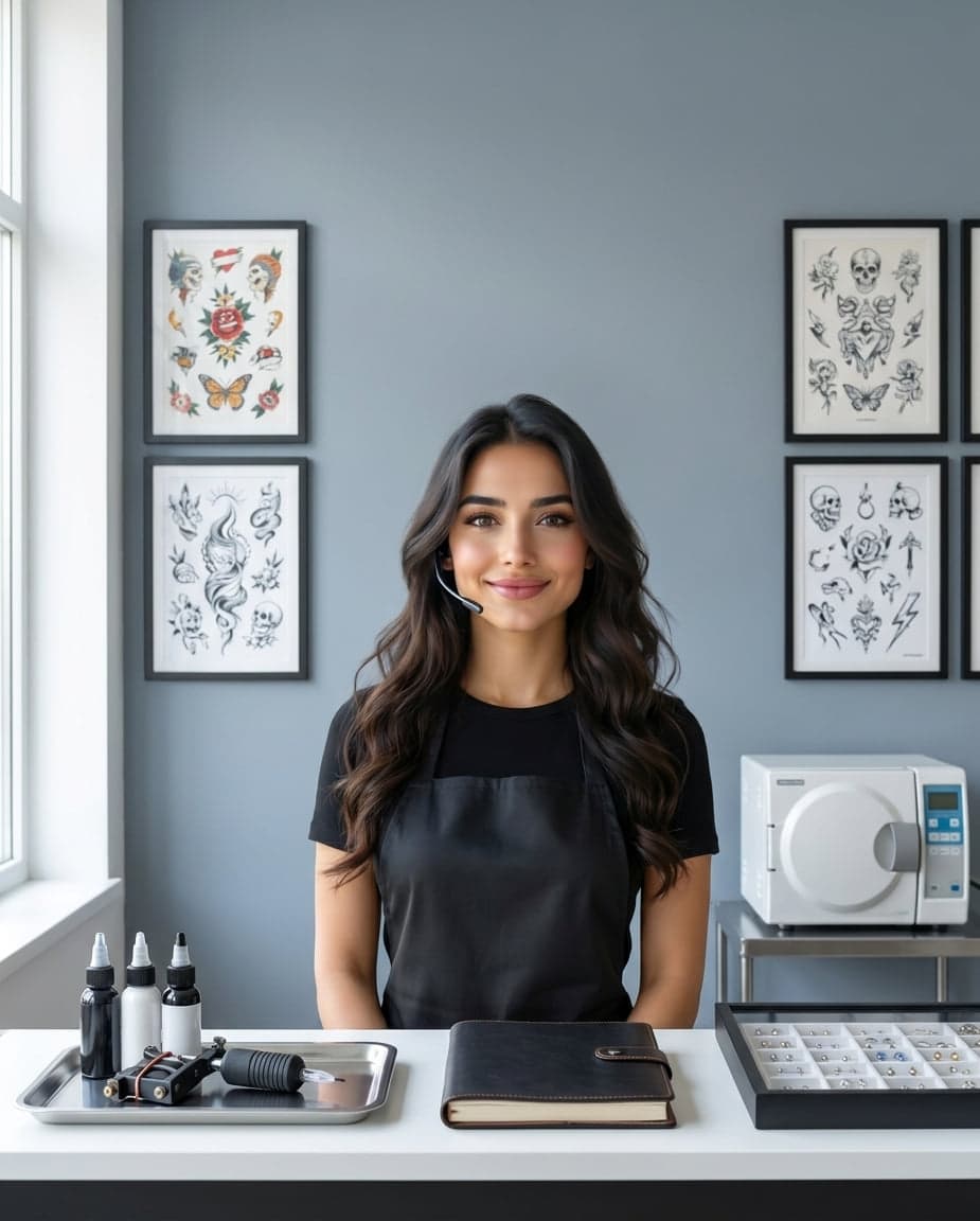 Maria at the front desk of a tattoo studio company, taking a call
