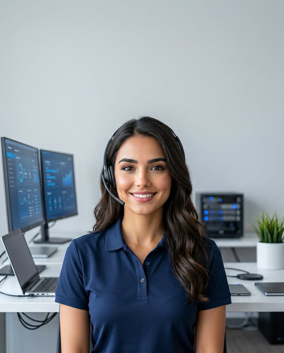 Maria at the front desk of a smart home installation company, taking a call